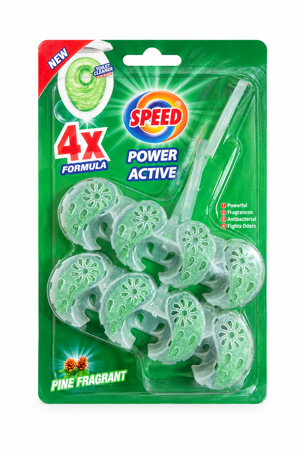 Speed 4X Formula Power Active toilet rim block pack on a white background