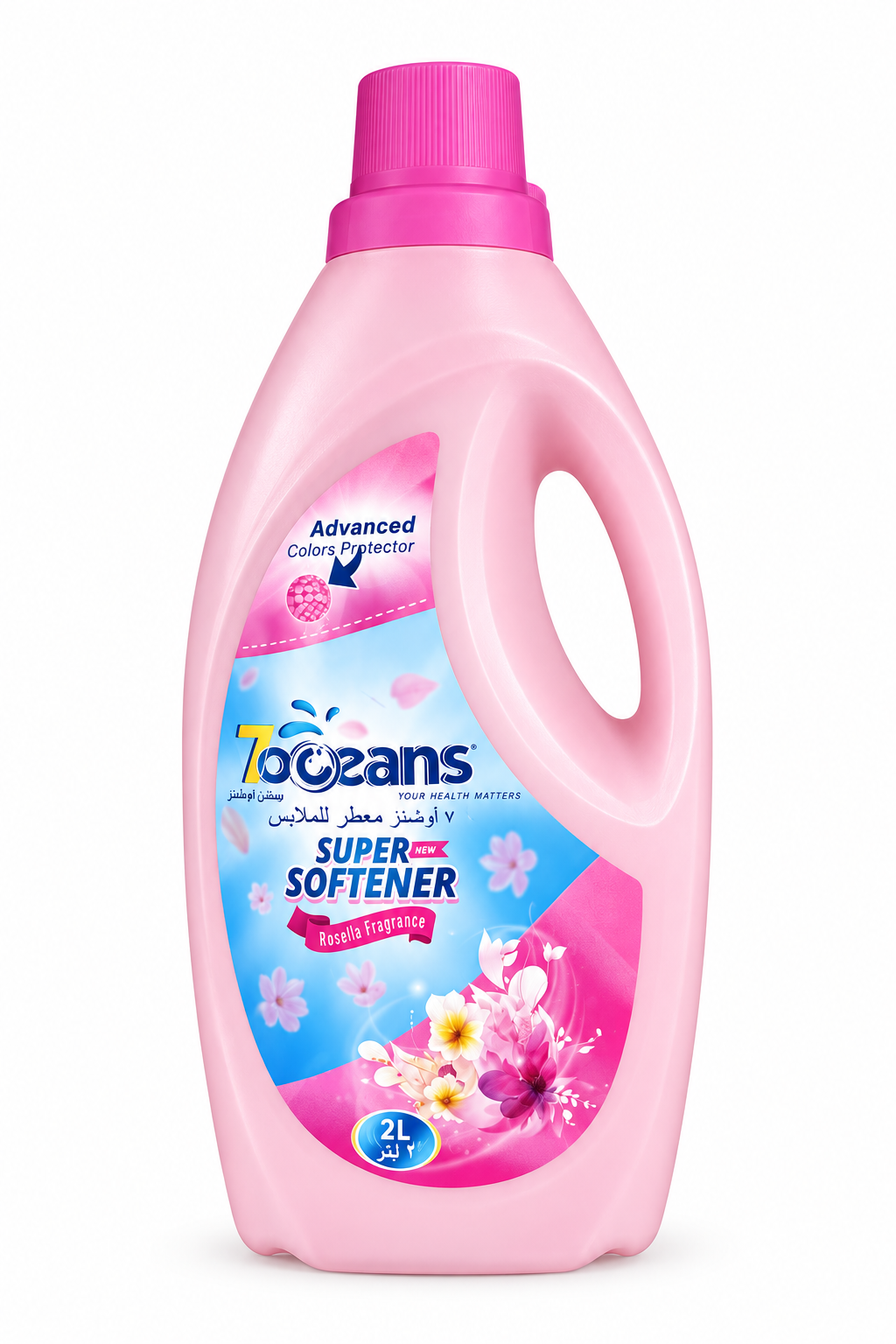 7 Oceans Rosella 2 L pink fabric softener jug with original floral label and pink cap on white background