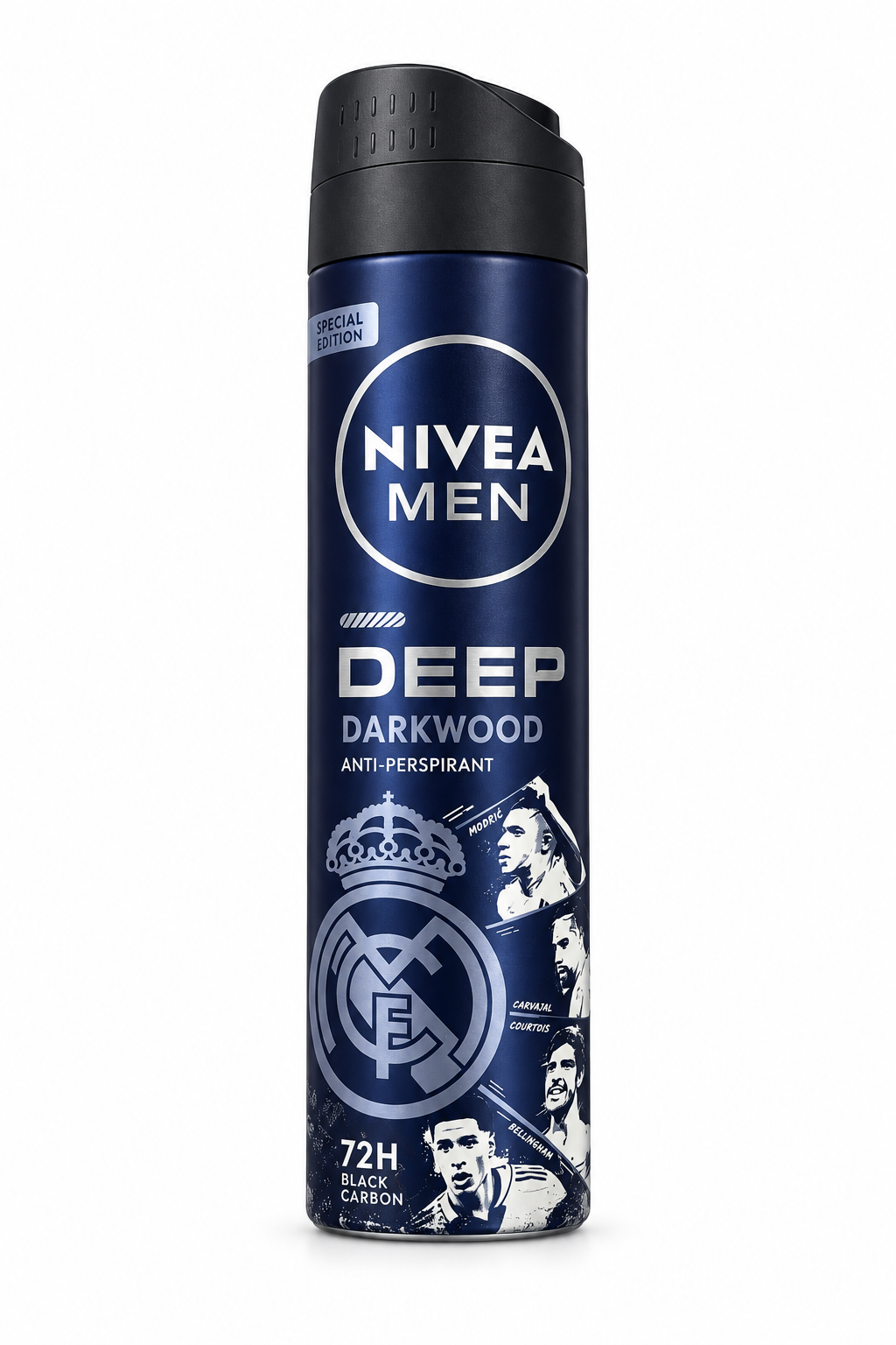 Nivea Men Deep Darkwood Real Madrid special edition navy spray can with crest and player artwork on white background