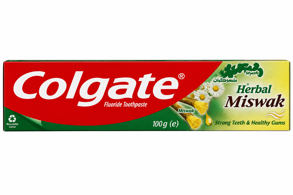 Colgate Herbal Miswak toothpaste carton on white background