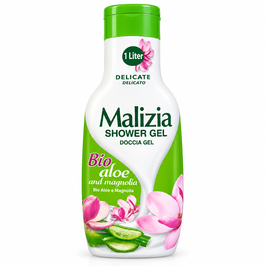 Malizia Bio Aloe and Magnolia shower gel 1 Liter green-and-white bottle on a white background