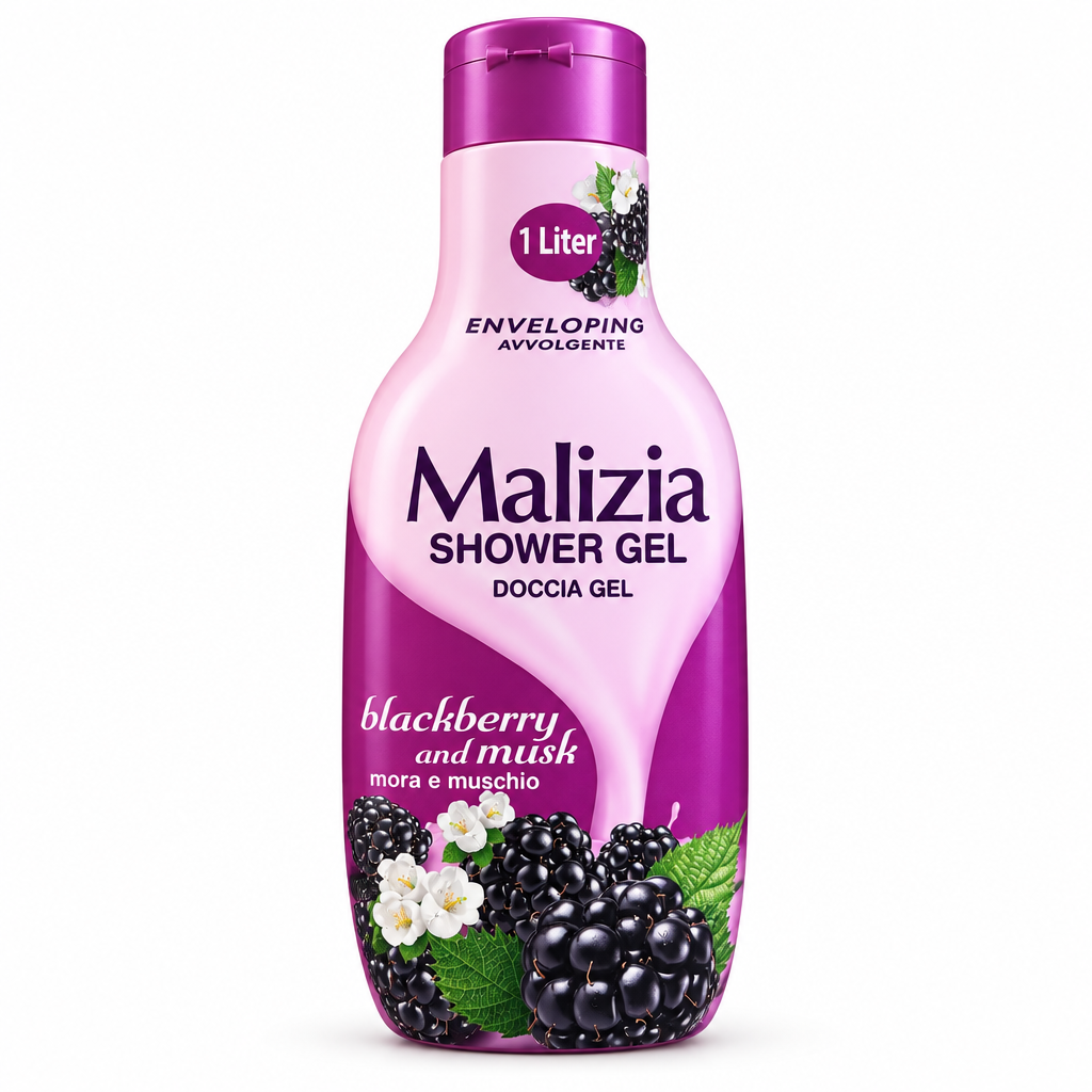Malizia Blackberry and Musk shower gel 1 Liter purple bottle on a white background