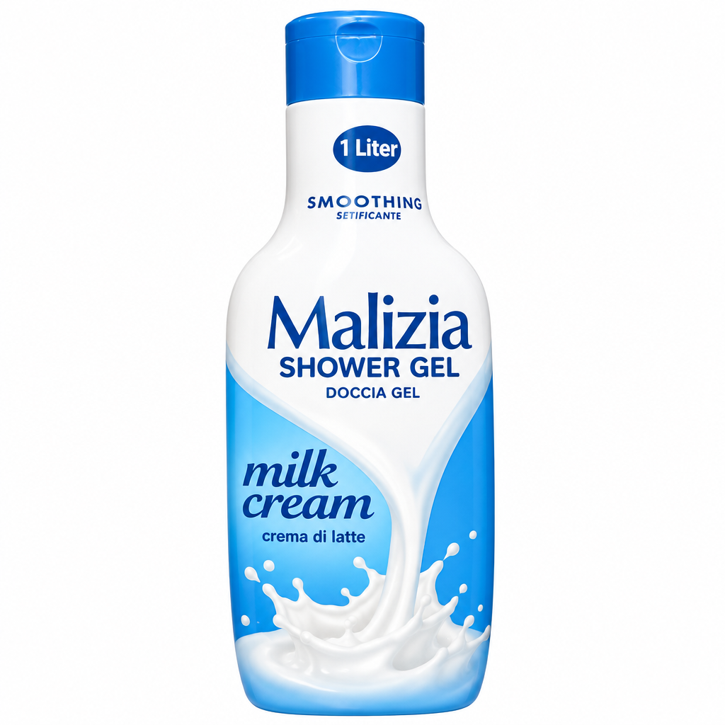 Malizia Milk Cream shower gel 1 Liter bottle with blue cap on a white background