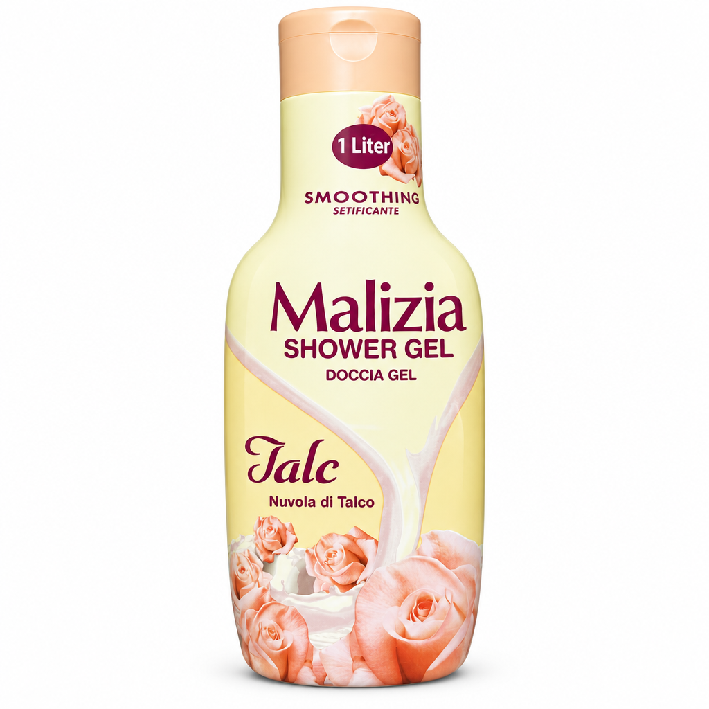 Malizia Talc shower gel 1 Liter bottle with peach cap and rose design on a white background